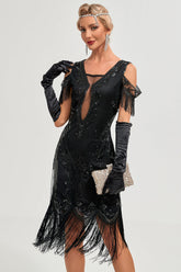 Zapaka Damen Schwarzes 20er Jahre Kleid Kalte Schulter Charleston Kleid mit Pailletten Fransen